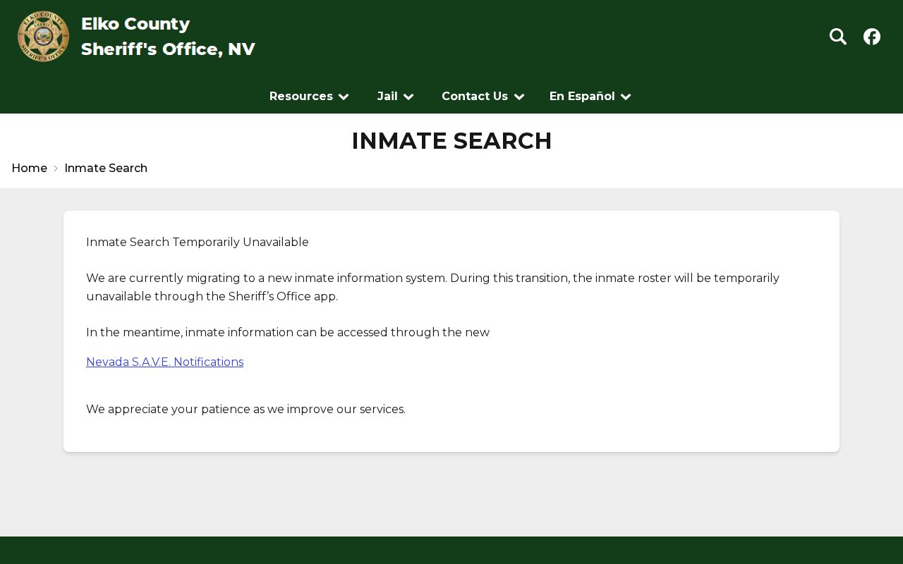 Elko County Jail roster and booking-record search status notice