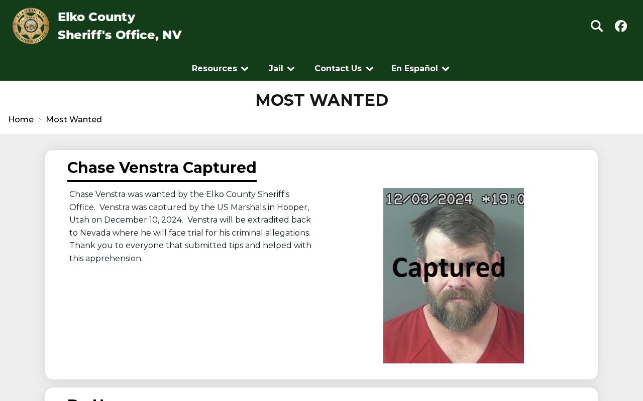 Elko County Sheriff Most Wanted warrant and public-safety list